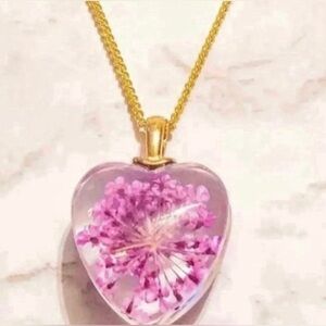 Purple Pressed Flower Glass Heart Pendant Necklace